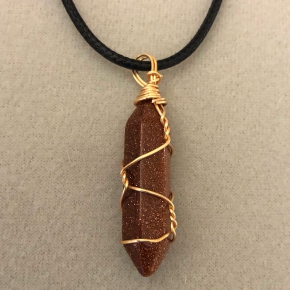 Gold Sandstone Natural Gemstone Hexagonal Point Gold Wire Wrapped Pendant - Picture 2 of 5